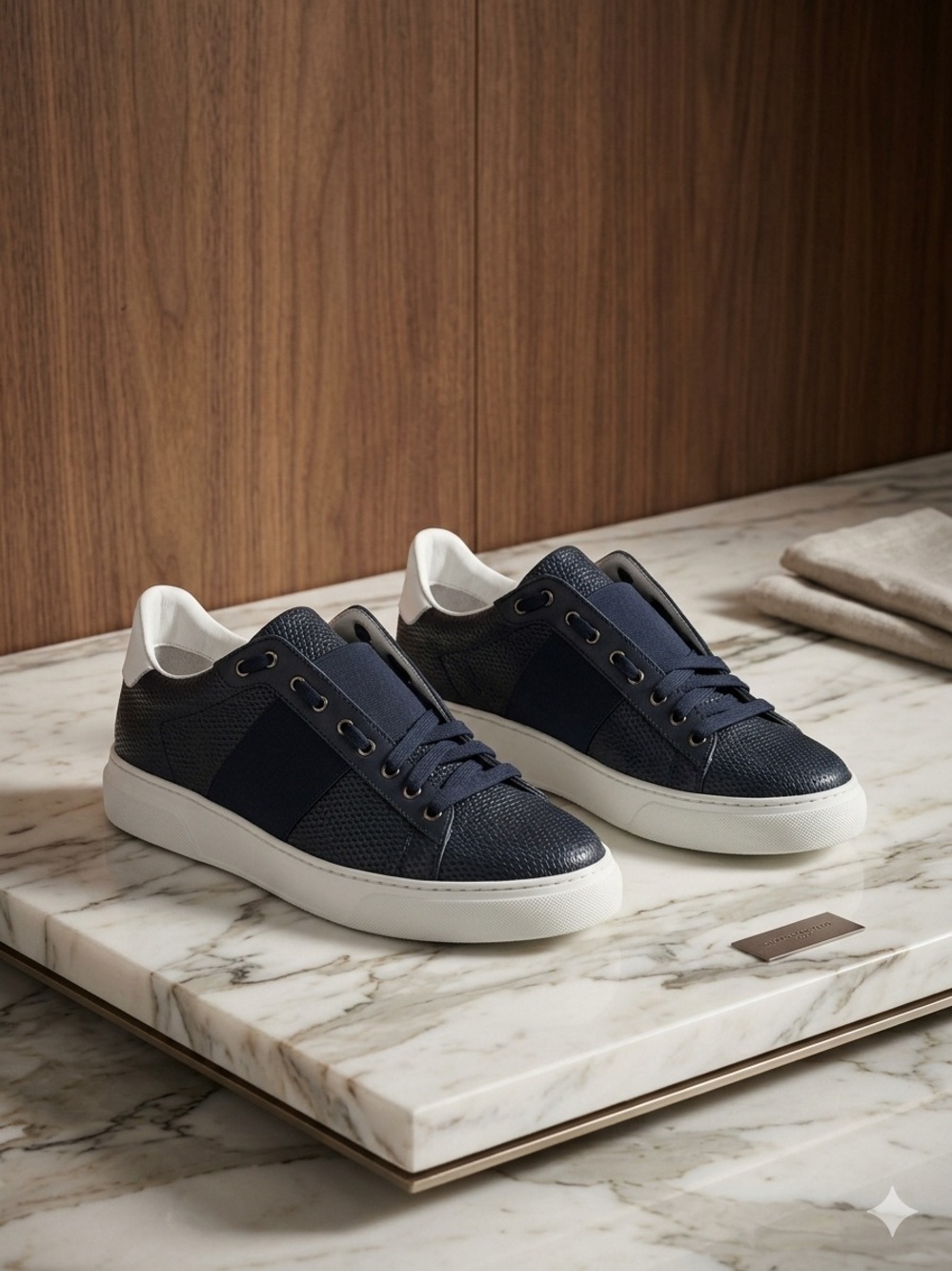 M. Gemi Men's Navy Leather Low-Top Sneakers with White Sole